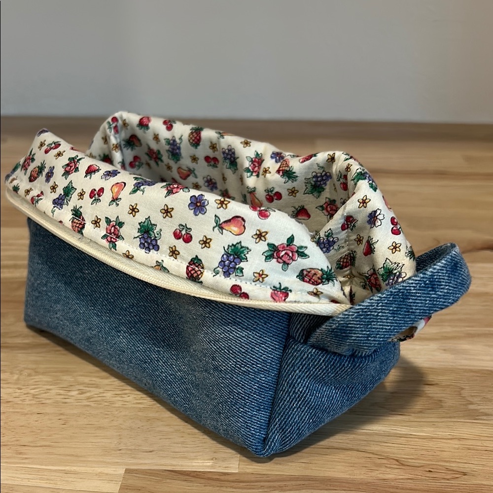 Handmade Floral Lined Denim makeup pouch